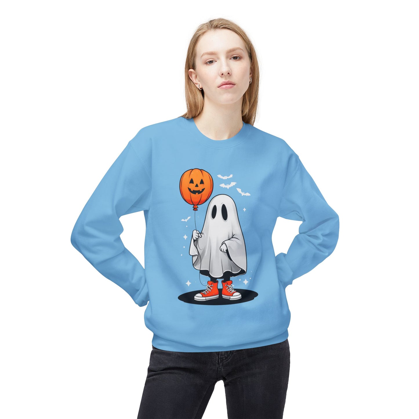 Ghostly Halloween Sweatshirt with Orange Pumpkin Balloon, Unisex Crewneck