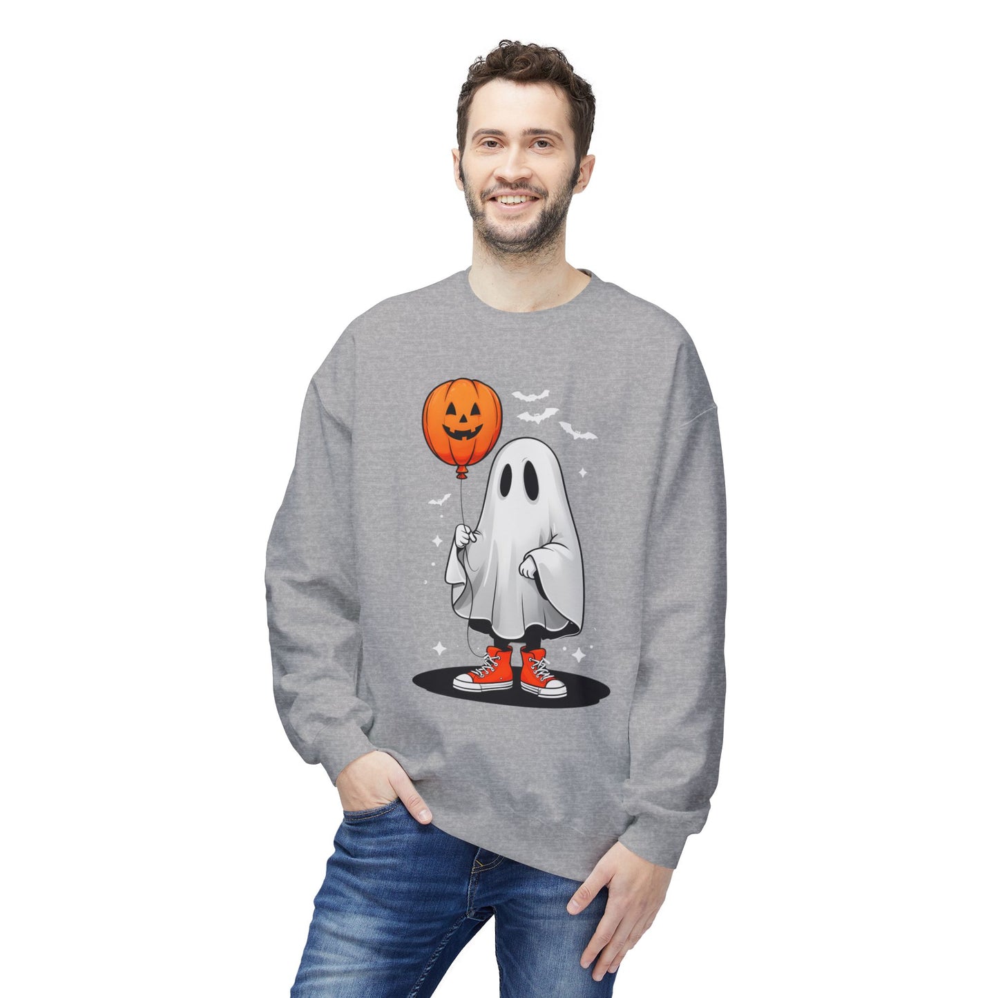 Ghostly Halloween Sweatshirt with Orange Pumpkin Balloon, Unisex Crewneck