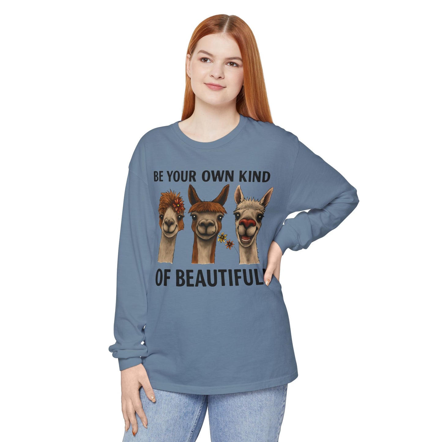 Be Your Own Kind of Beautiful Llama Trio Design Long Sleeve T-Shirts - Lots of Colors to Choose From