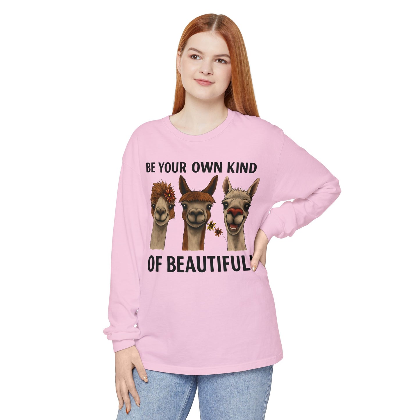 Be Your Own Kind of Beautiful Llama Trio Design Long Sleeve T-Shirts - Lots of Colors to Choose From