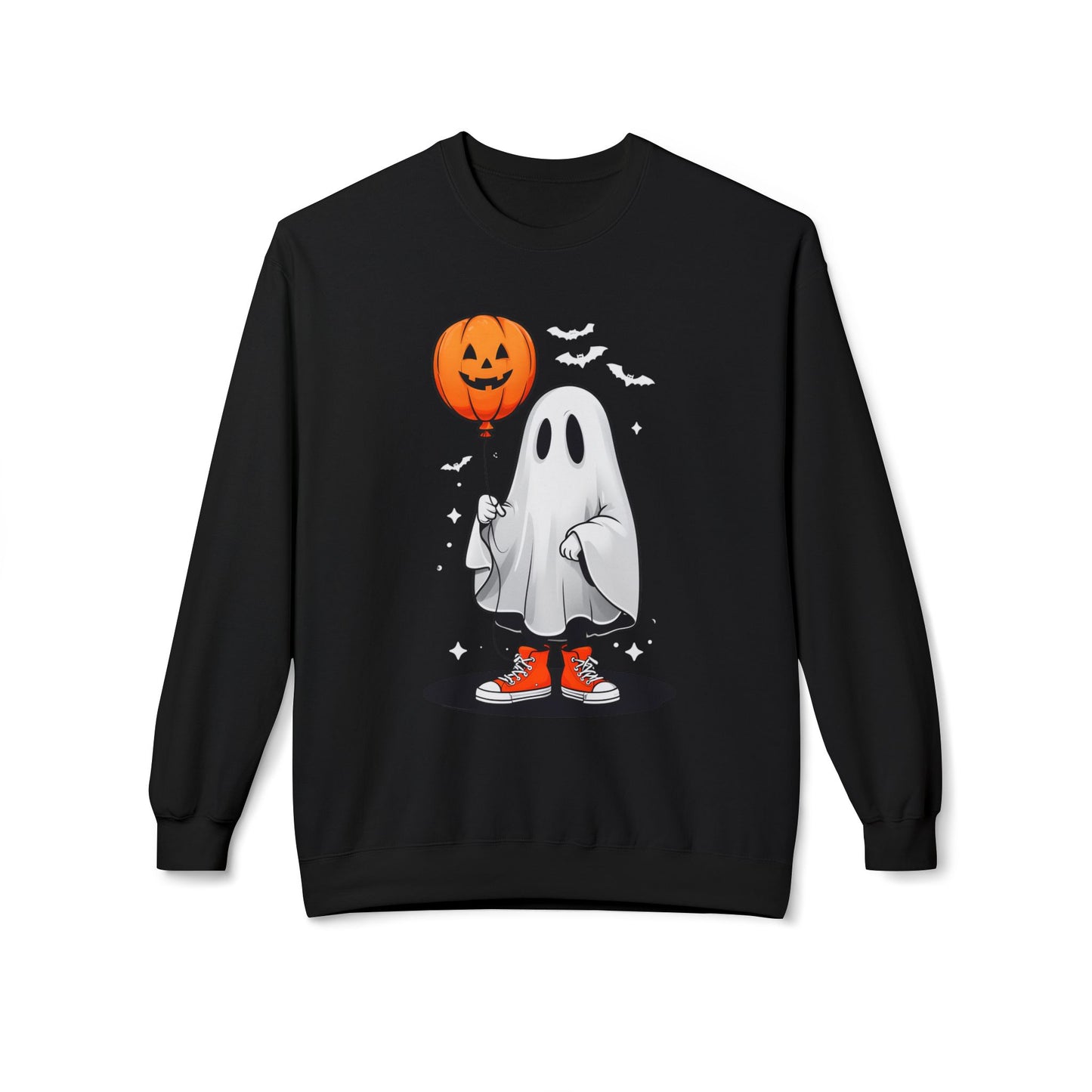 Ghostly Halloween Sweatshirt with Orange Pumpkin Balloon, Unisex Crewneck