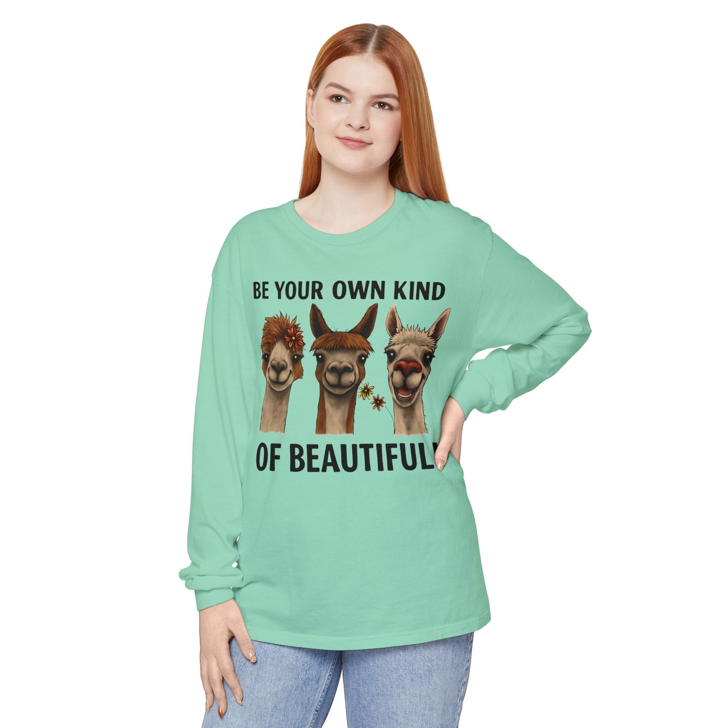 Be Your Own Kind of Beautiful Llama Trio Design Long Sleeve T-Shirts - Lots of Colors to Choose From