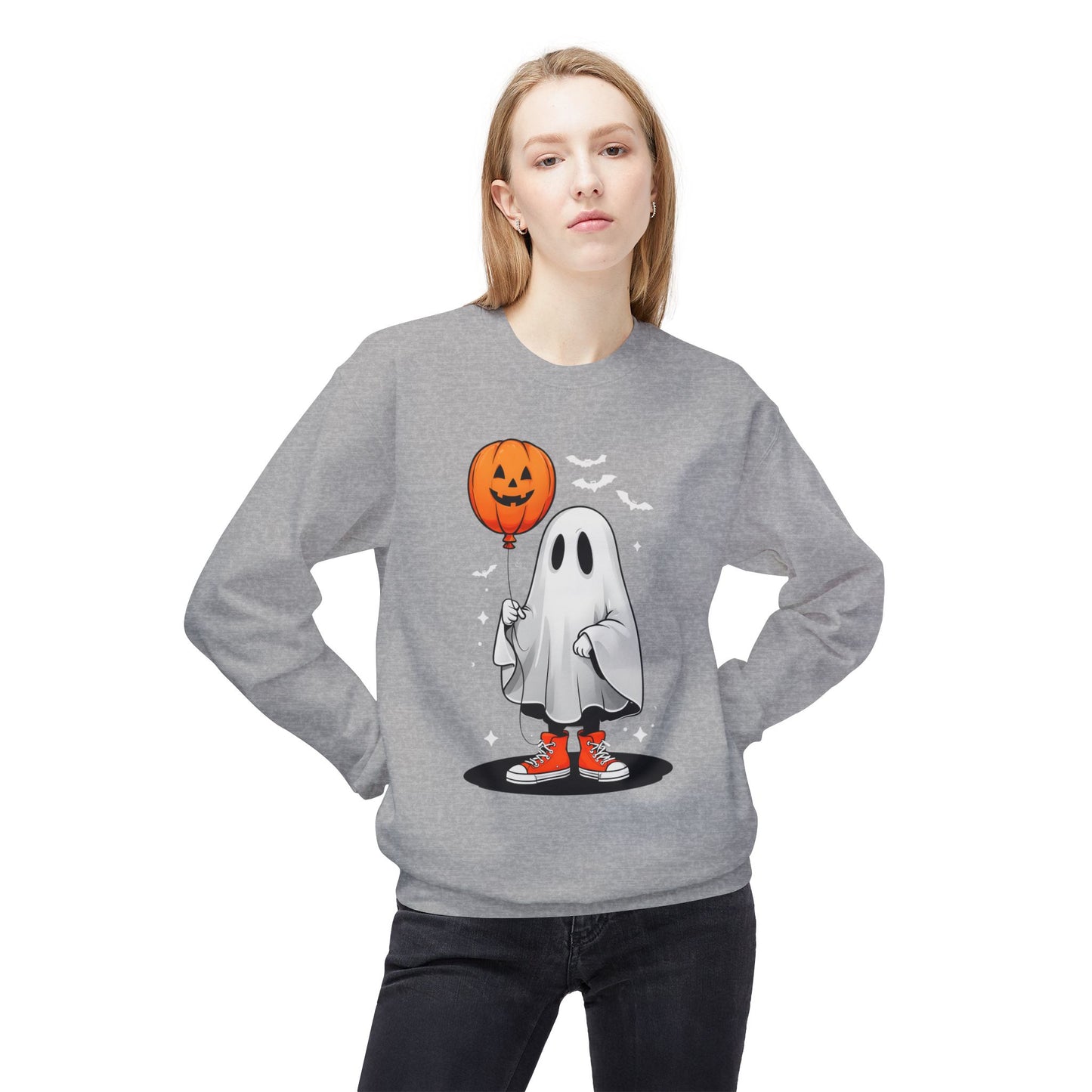 Ghostly Halloween Sweatshirt with Orange Pumpkin Balloon, Unisex Crewneck