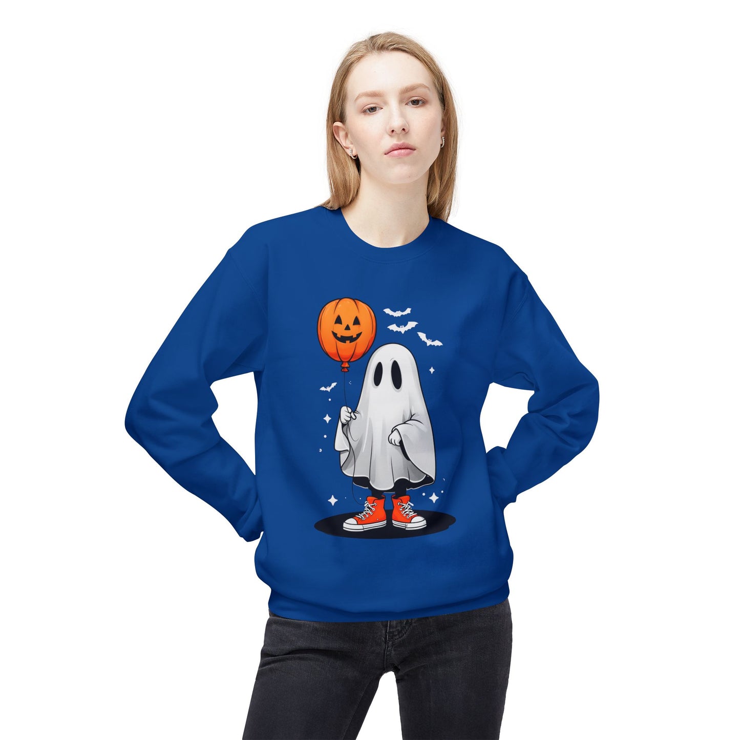 Ghostly Halloween Sweatshirt with Orange Pumpkin Balloon, Unisex Crewneck