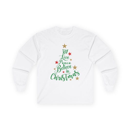 Women's Joy Love Peace Believe Christmas Long Sleeve T-Shirt