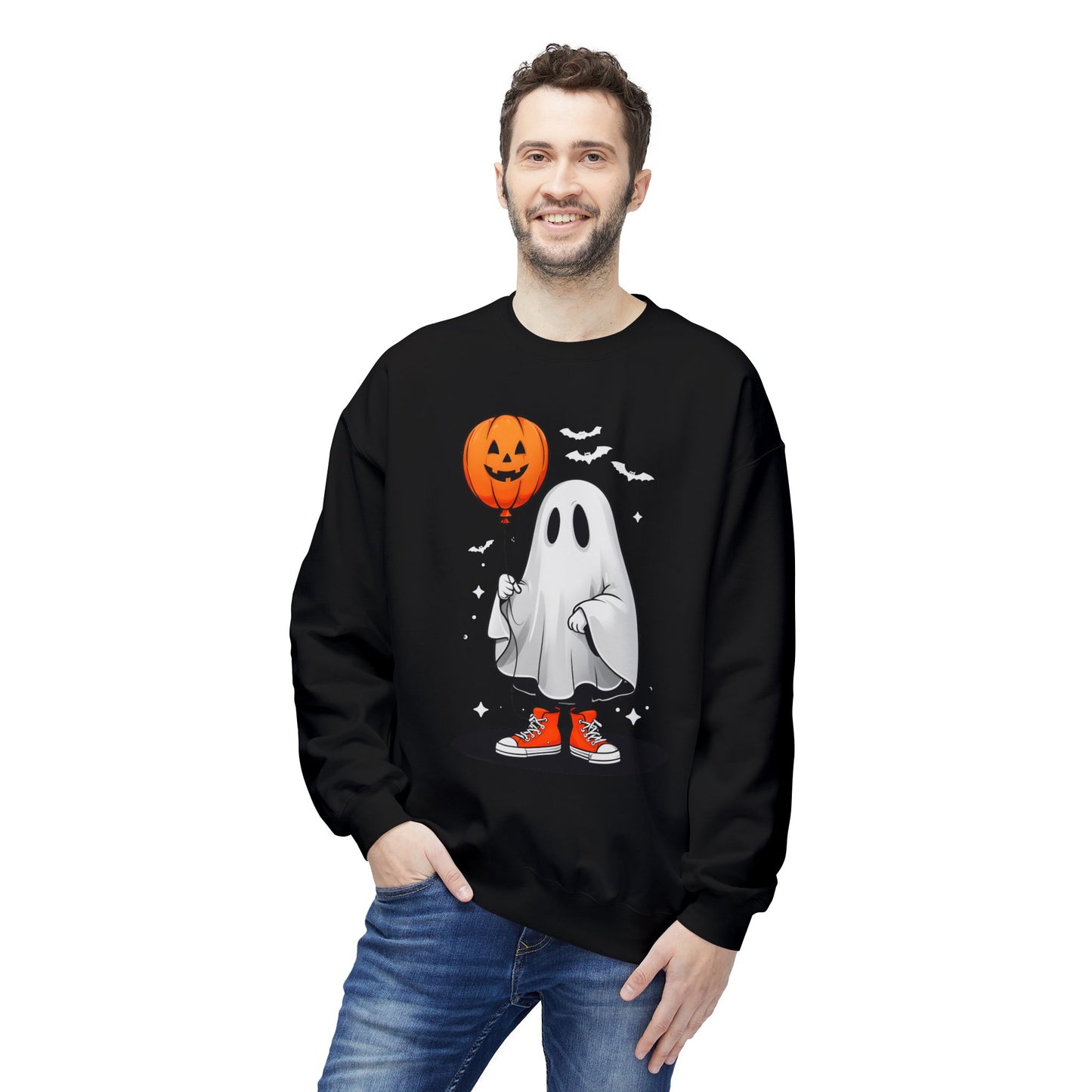 Ghostly Halloween Sweatshirt with Orange Pumpkin Balloon, Unisex Crewneck