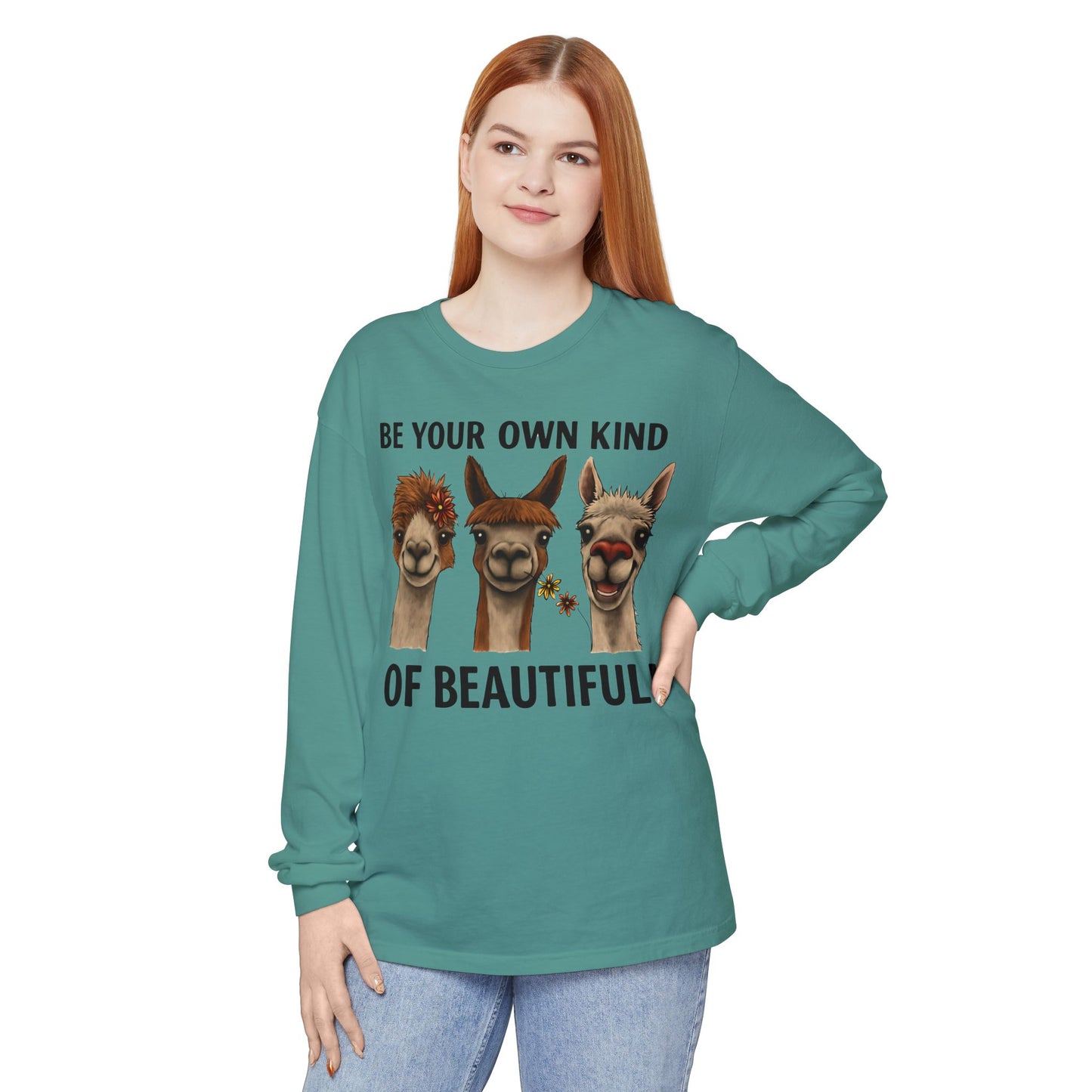 Be Your Own Kind of Beautiful Llama Trio Design Long Sleeve T-Shirts - Lots of Colors to Choose From