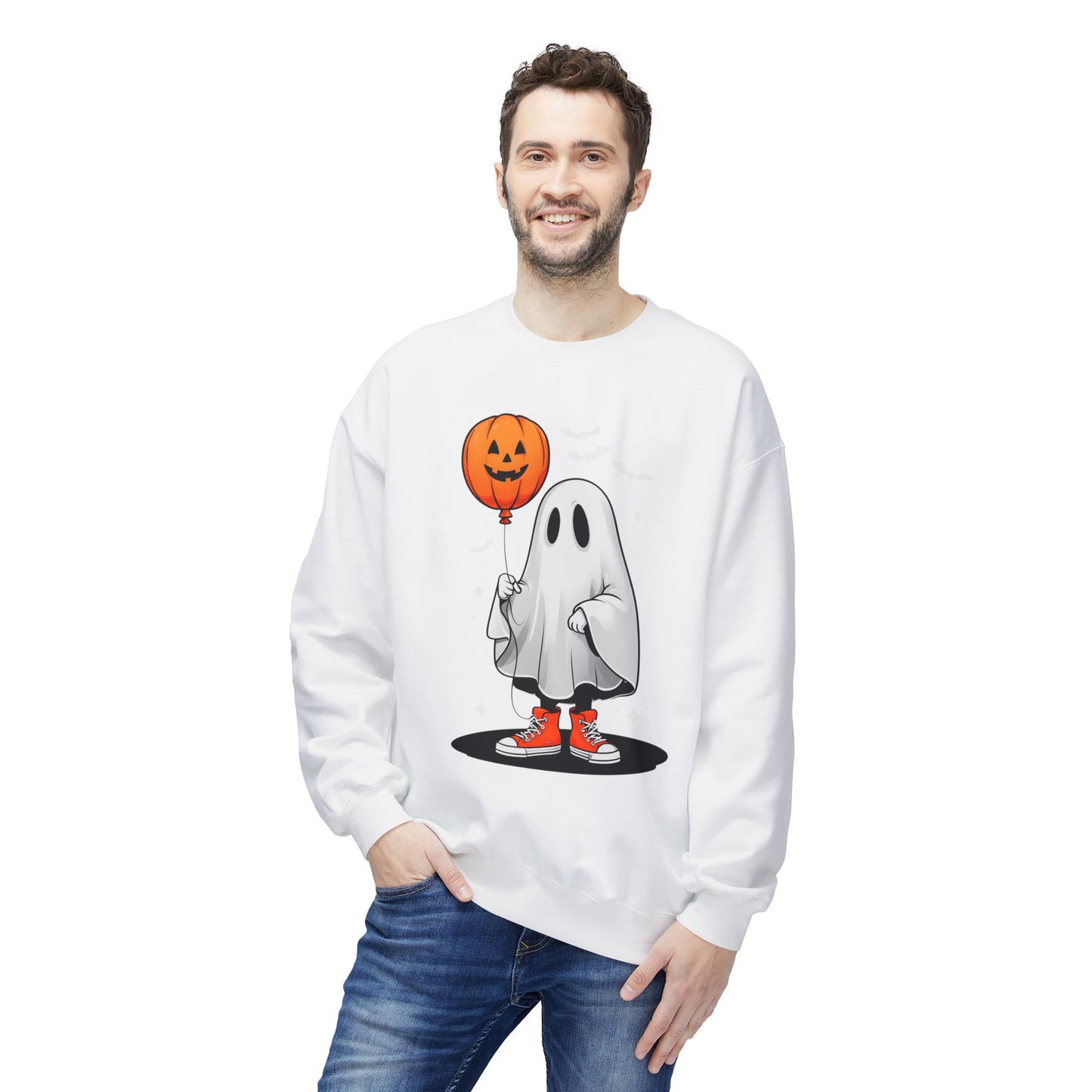 Ghostly Halloween Sweatshirt with Orange Pumpkin Balloon, Unisex Crewneck