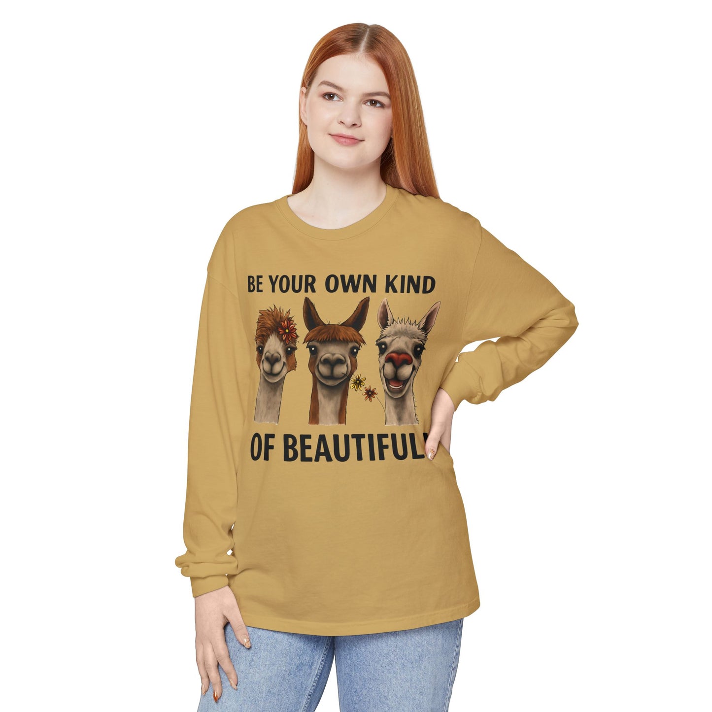 Be Your Own Kind of Beautiful Llama Trio Design Long Sleeve T-Shirts - Lots of Colors to Choose From