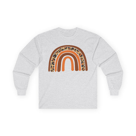Retro FALL Leopard Rainbow Long Sleeve T-Shirt — Boho Earth-Tone Graphic Shirt