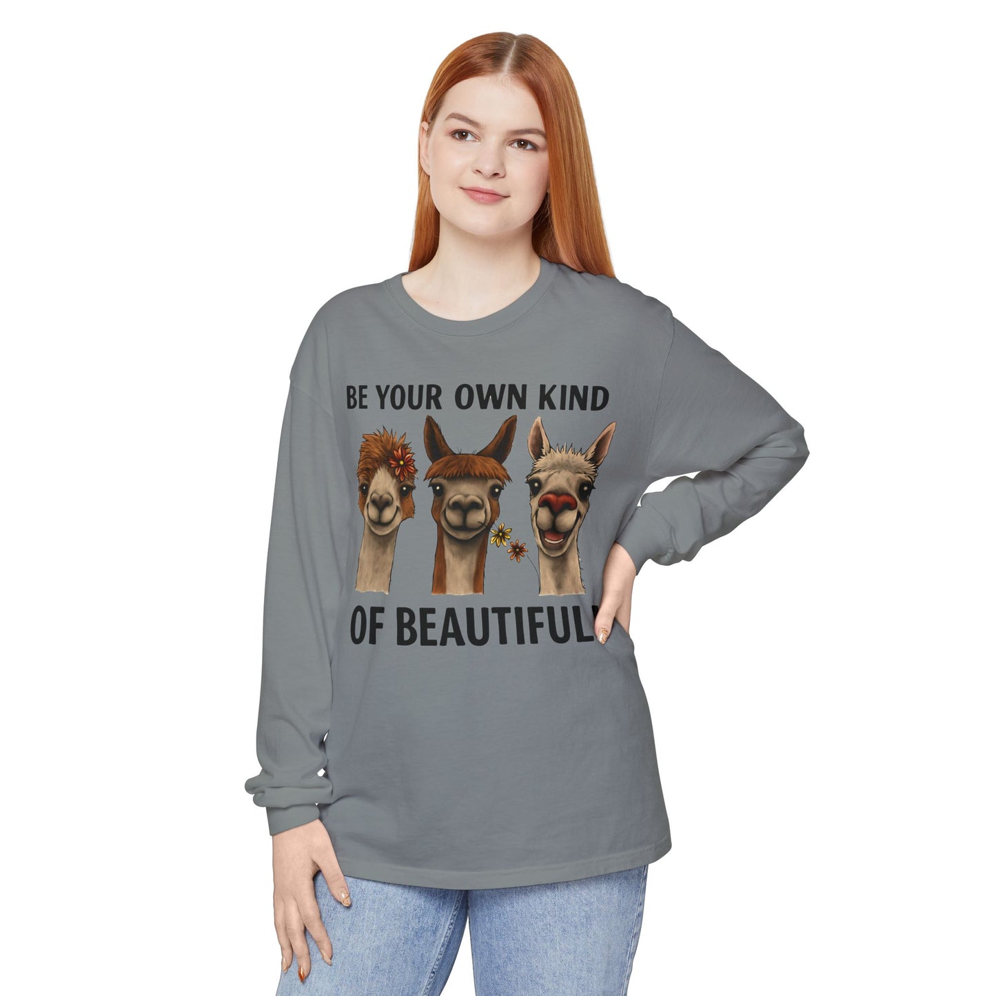 Be Your Own Kind of Beautiful Llama Trio Design Long Sleeve T-Shirts - Lots of Colors to Choose From