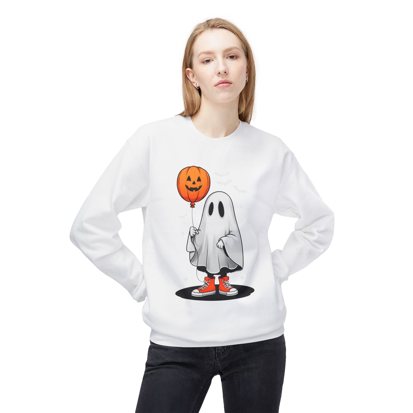 Ghostly Halloween Sweatshirt with Orange Pumpkin Balloon, Unisex Crewneck