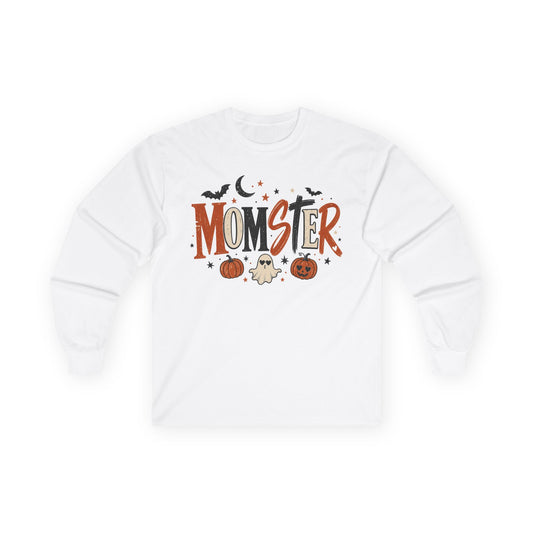 Momster Halloween Long Sleeve T-Shirt — Cute Spooky Mom Shirt with Pumpkins & Ghosts
