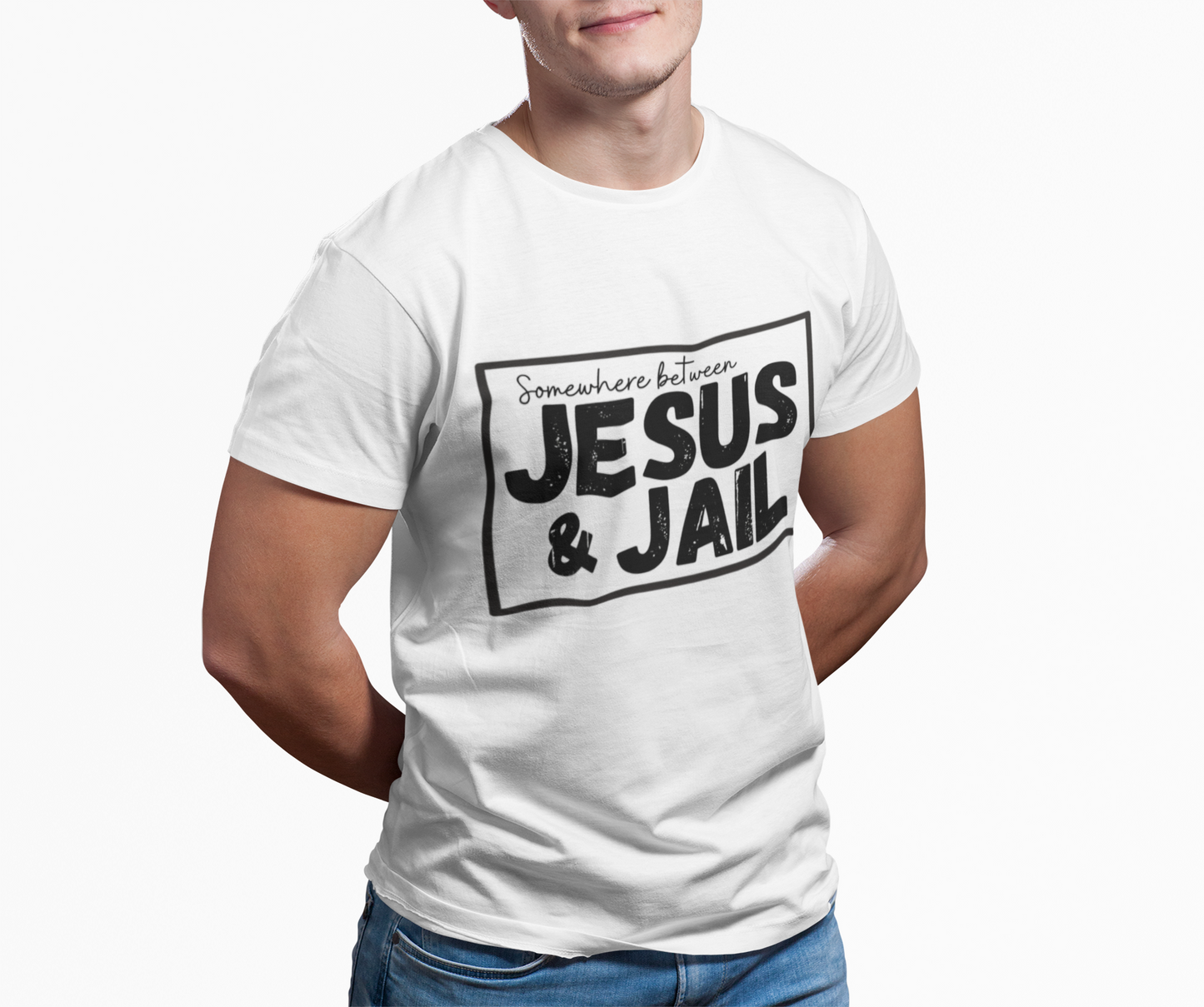 Somewhere Between Jesus and Jail Unisex Tee
