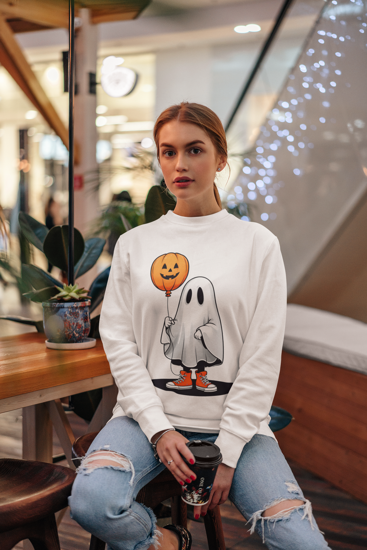 Ghostly Halloween Sweatshirt with Orange Pumpkin Balloon, Unisex Crewneck