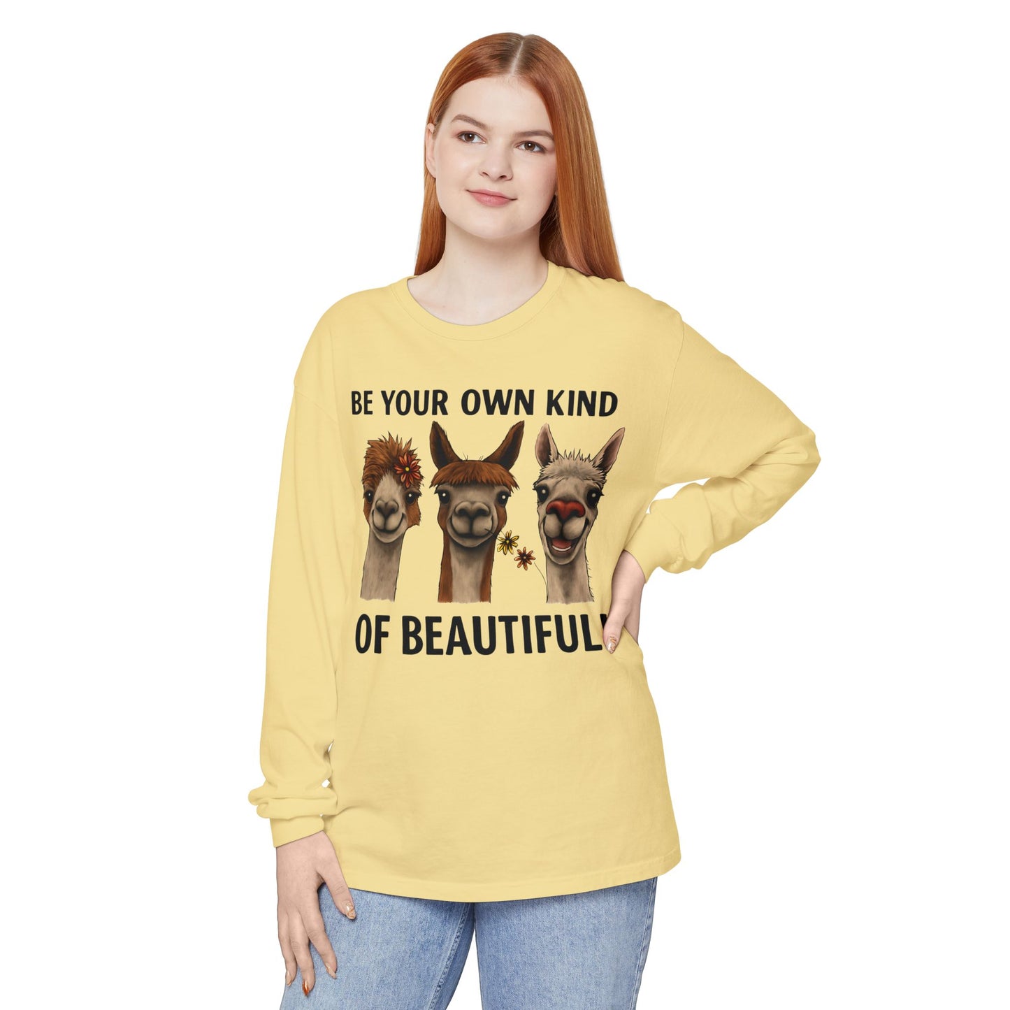 Be Your Own Kind of Beautiful Llama Trio Design Long Sleeve T-Shirts - Lots of Colors to Choose From