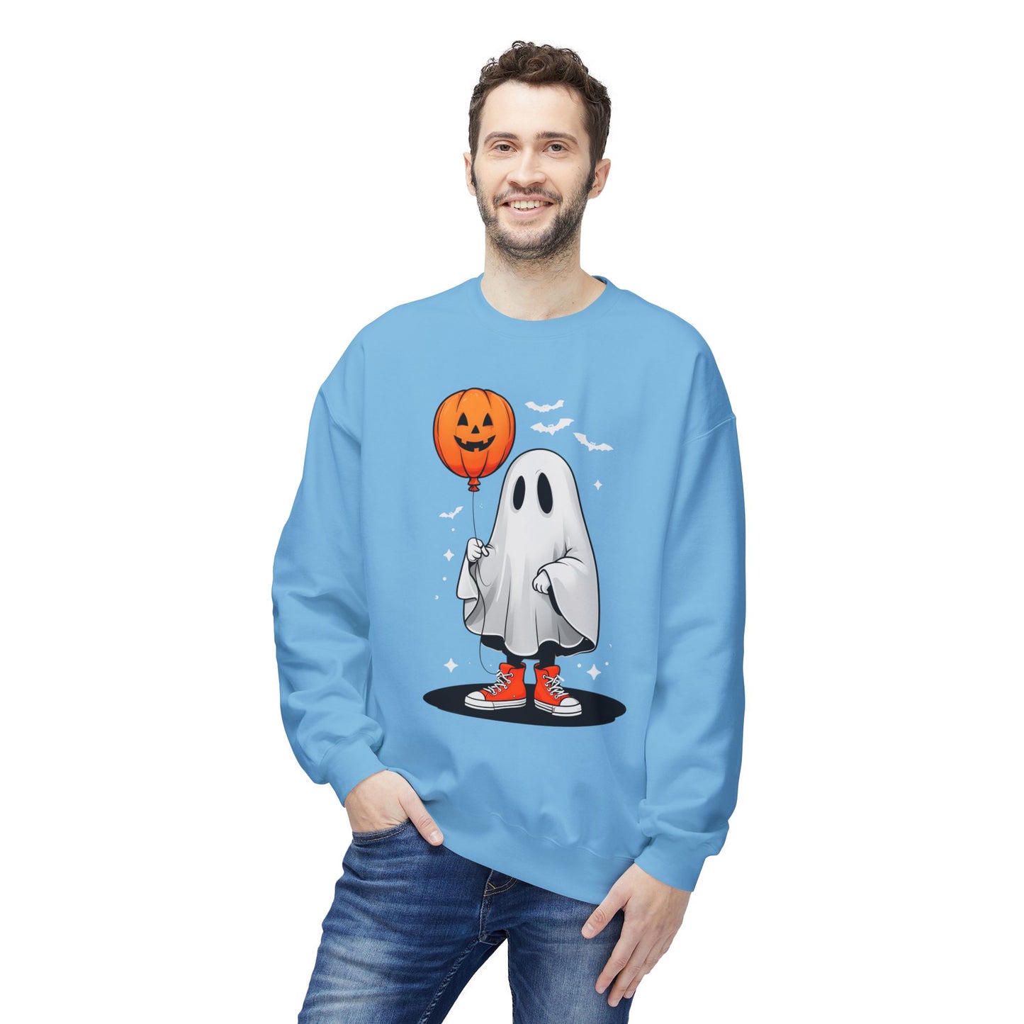 Ghostly Halloween Sweatshirt with Orange Pumpkin Balloon, Unisex Crewneck