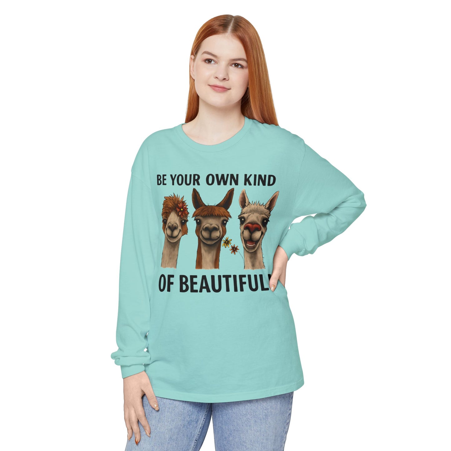 Be Your Own Kind of Beautiful Llama Trio Design Long Sleeve T-Shirts - Lots of Colors to Choose From