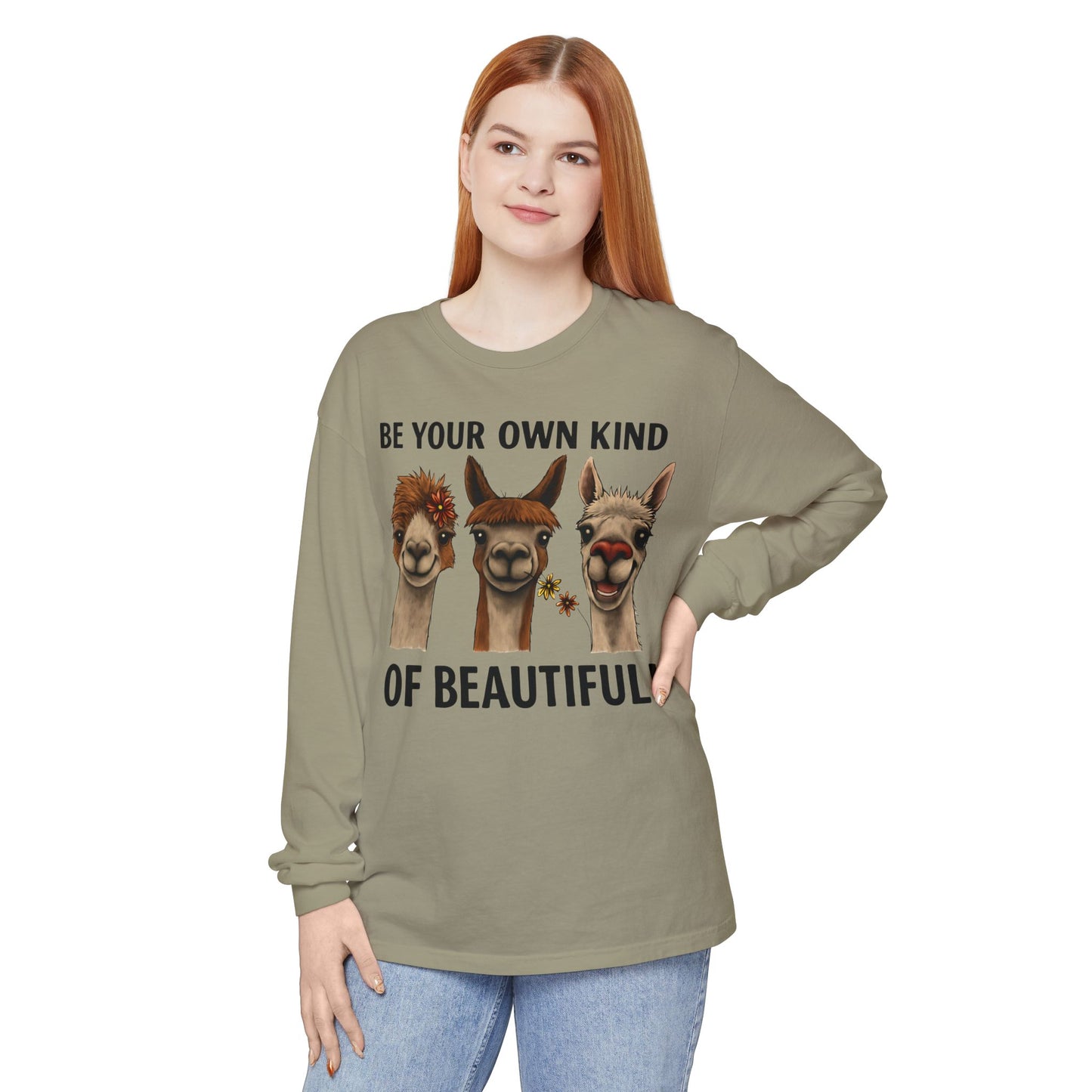 Be Your Own Kind of Beautiful Llama Trio Design Long Sleeve T-Shirts - Lots of Colors to Choose From
