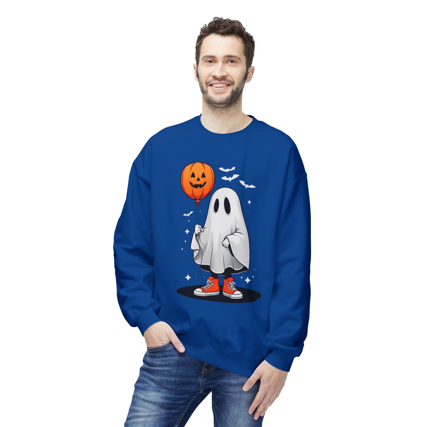 Ghostly Halloween Sweatshirt with Orange Pumpkin Balloon, Unisex Crewneck