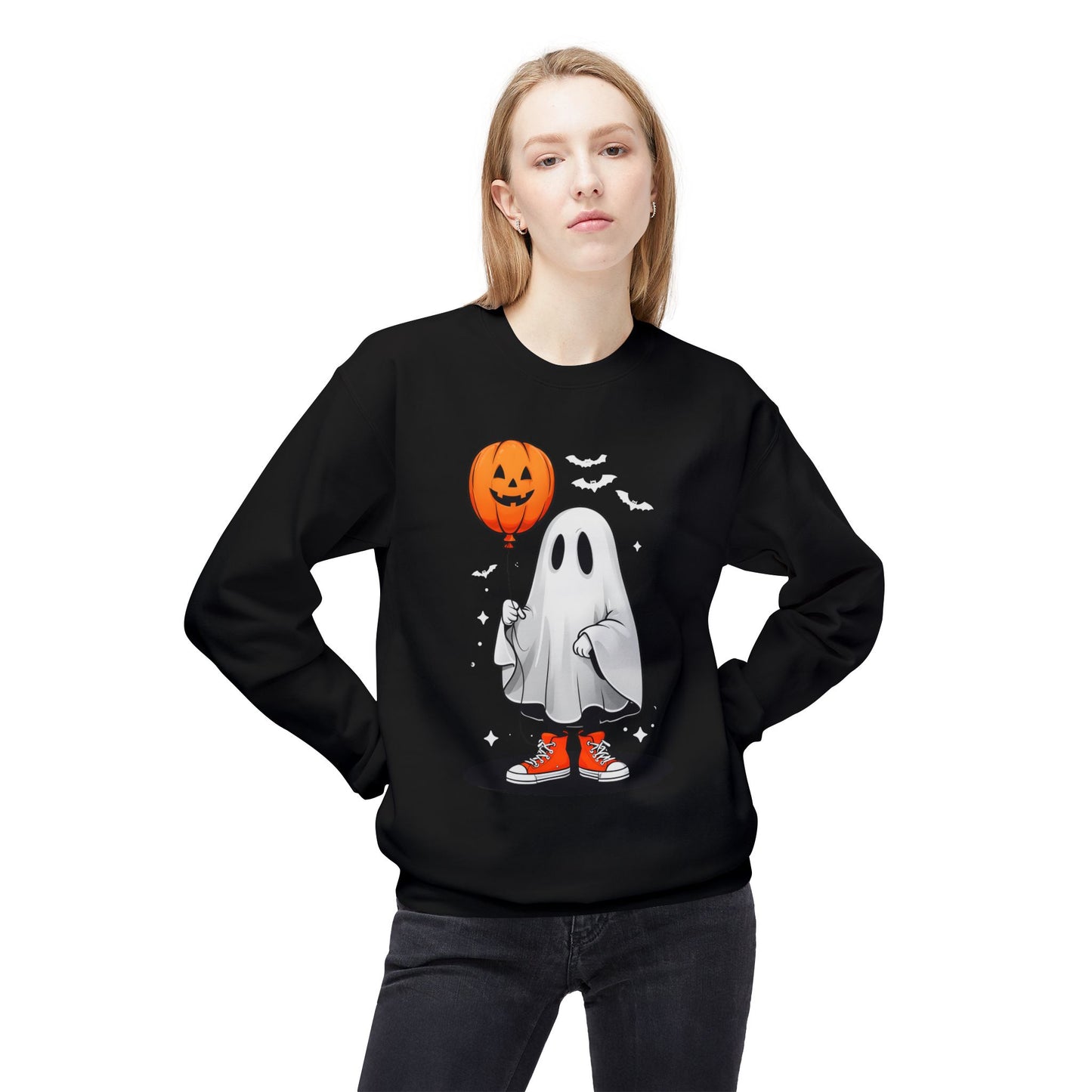 Ghostly Halloween Sweatshirt with Orange Pumpkin Balloon, Unisex Crewneck