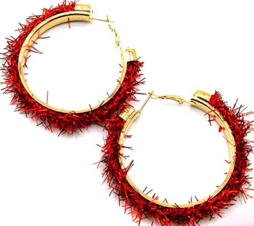 Sassy RED Tinsel Christmas Hoop Earrings