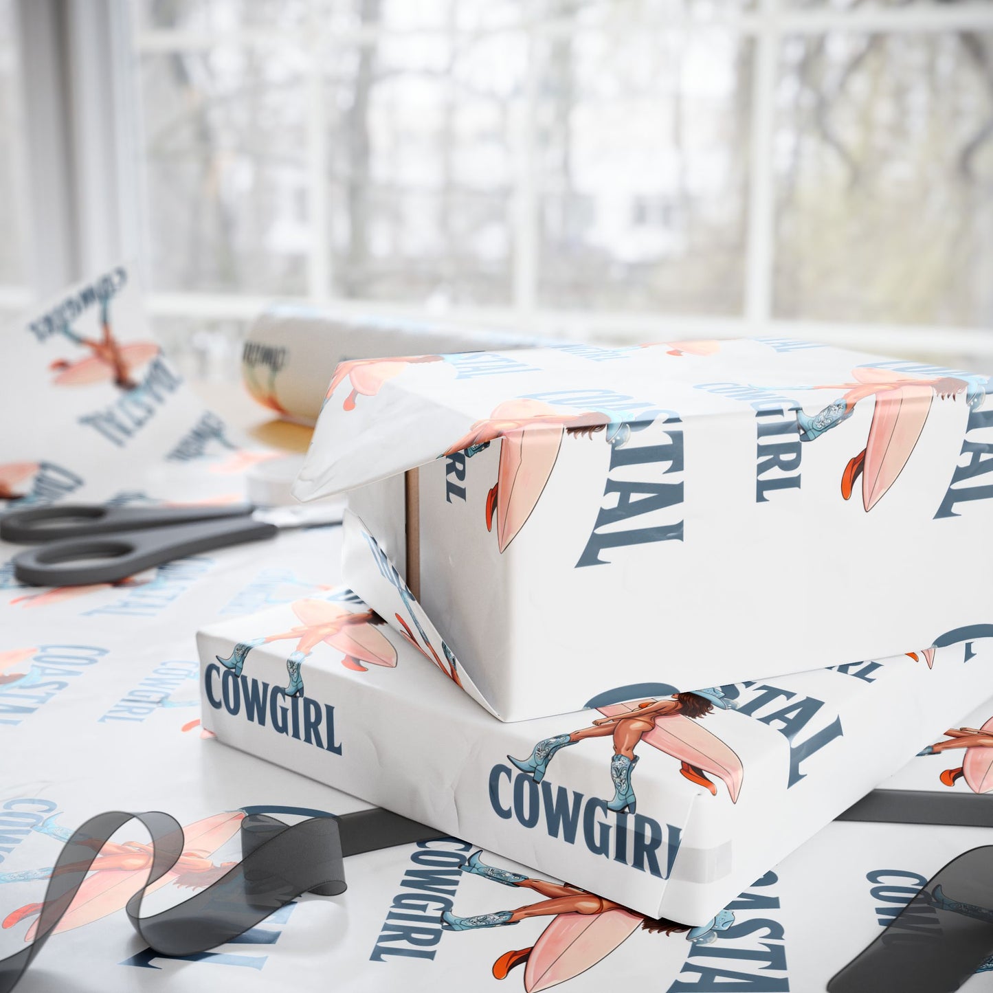 Coastal Cowgirl Patterned Gift Wrapping Paper Beach Girl Surfer Cowgirl