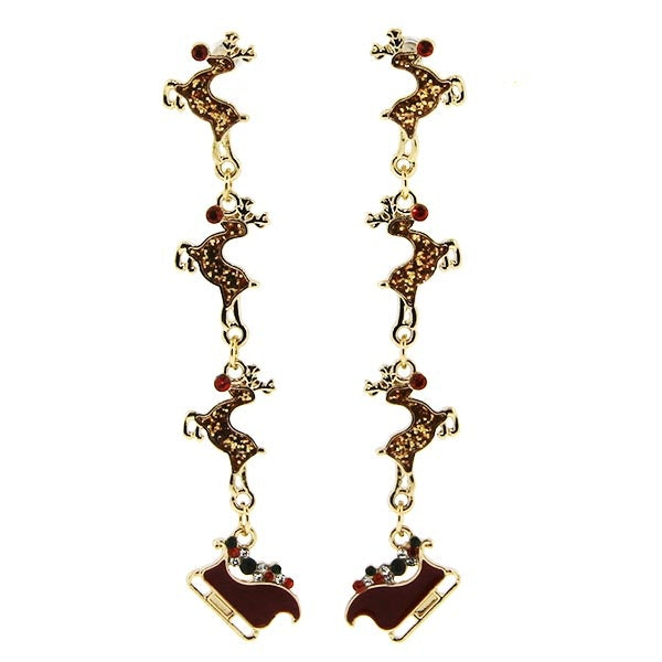 Gold Christmas Earrings Santa's Sleigh & Reindeer