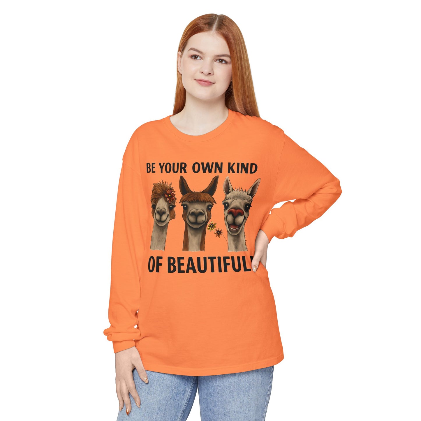 Be Your Own Kind of Beautiful Llama Trio Design Long Sleeve T-Shirts - Lots of Colors to Choose From