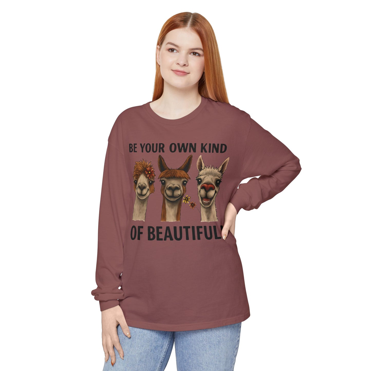 Be Your Own Kind of Beautiful Llama Trio Design Long Sleeve T-Shirts - Lots of Colors to Choose From