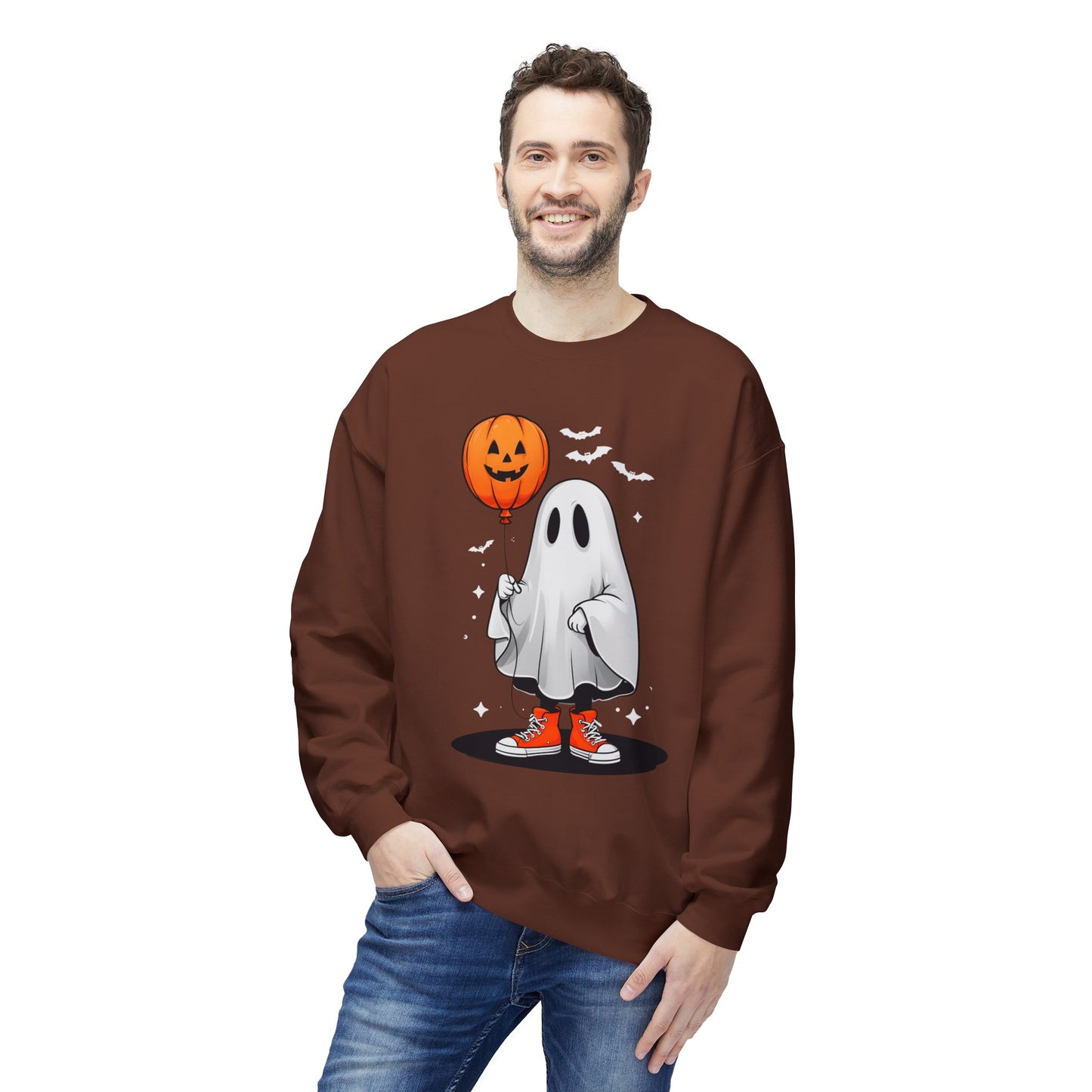 Ghostly Halloween Sweatshirt with Orange Pumpkin Balloon, Unisex Crewneck