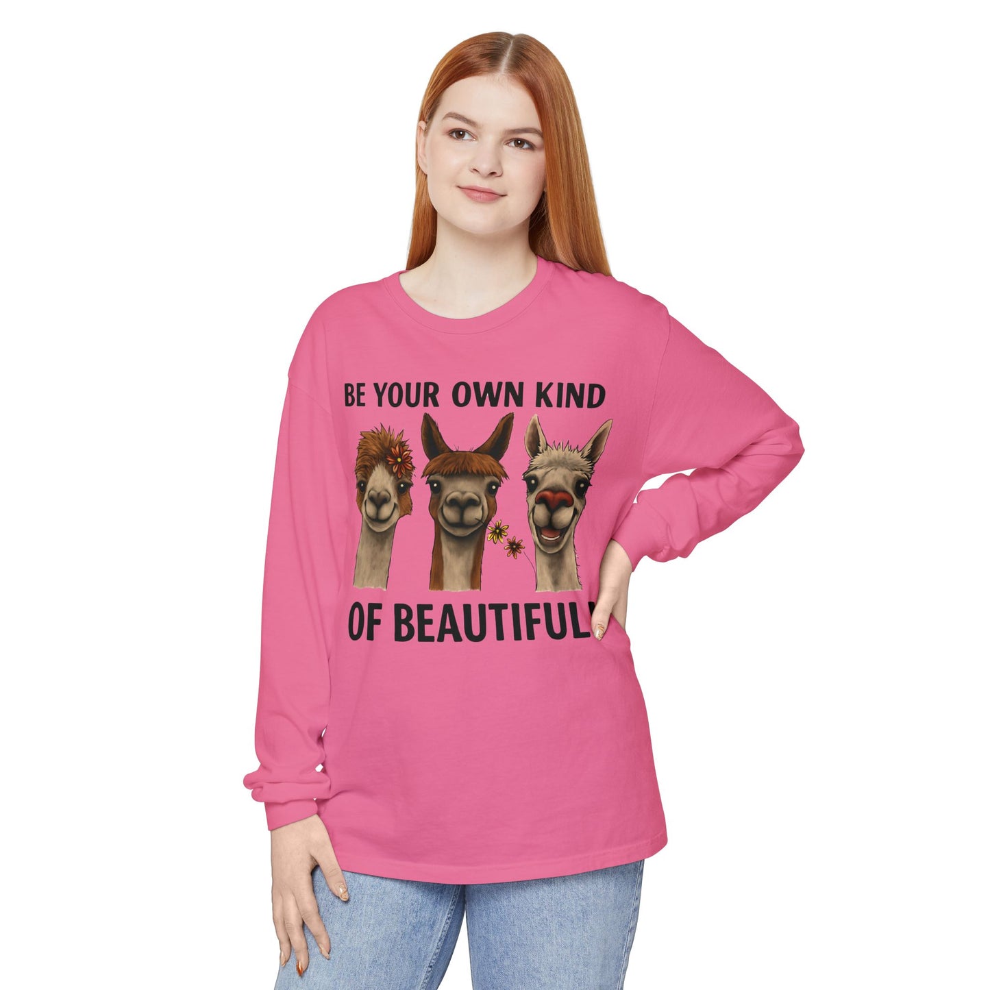 Be Your Own Kind of Beautiful Llama Trio Design Long Sleeve T-Shirts - Lots of Colors to Choose From