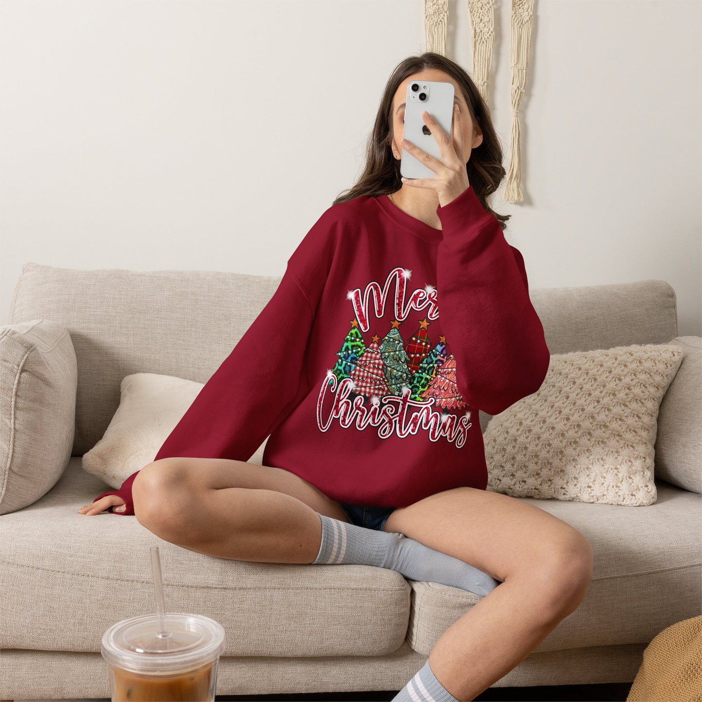Merry Christmas Crewneck Sweatshirt - Festive Plaid Christmas Trees Holiday Sweatshirt
