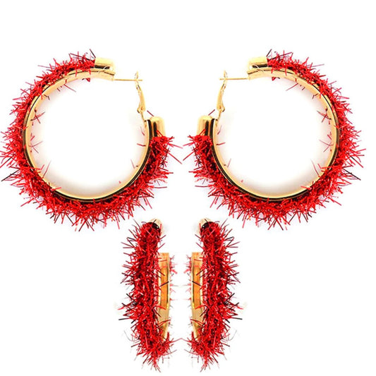 Sassy RED Tinsel Holiday Hoop Earrings