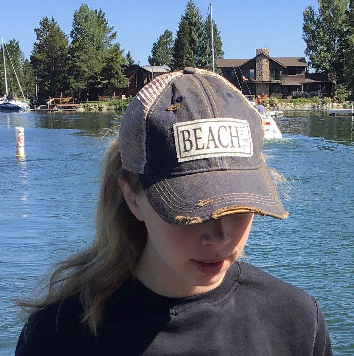 BEACH Girl Distressed Trucker Hat