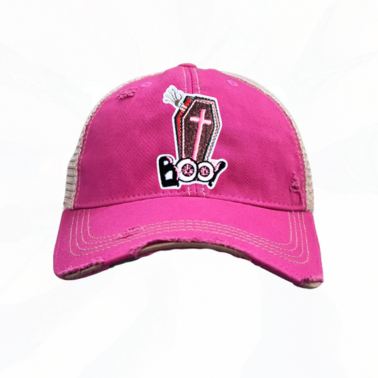 BOO Halloween Coffin Trucker Hats - Fun Colors