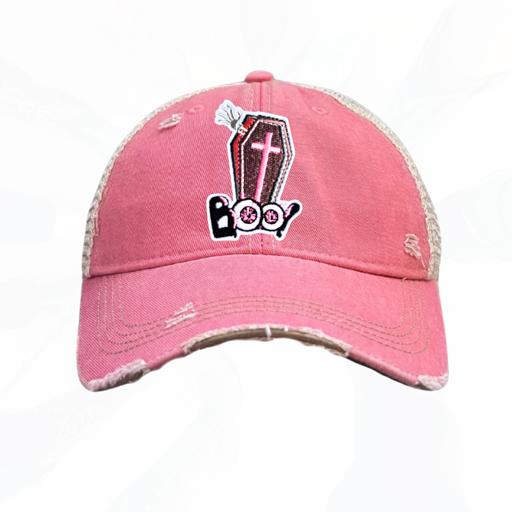 BOO Halloween Coffin Trucker Hats - Fun Colors