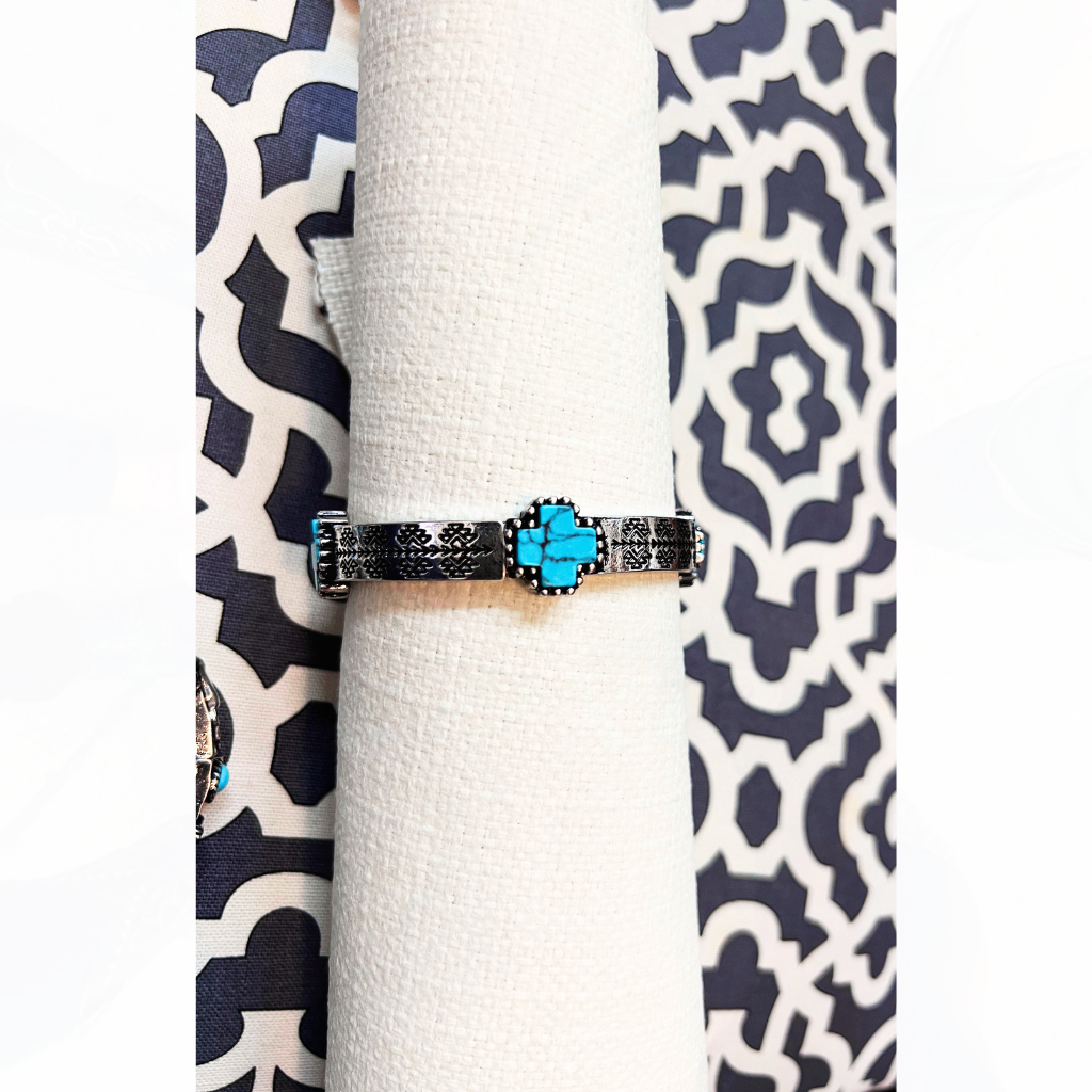 Silver & Turquoise Cross Stretch Bracelet