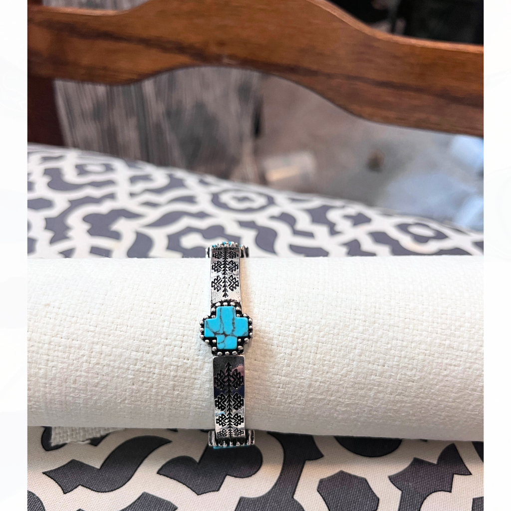 Silver & Turquoise Cross Stretch Bracelet