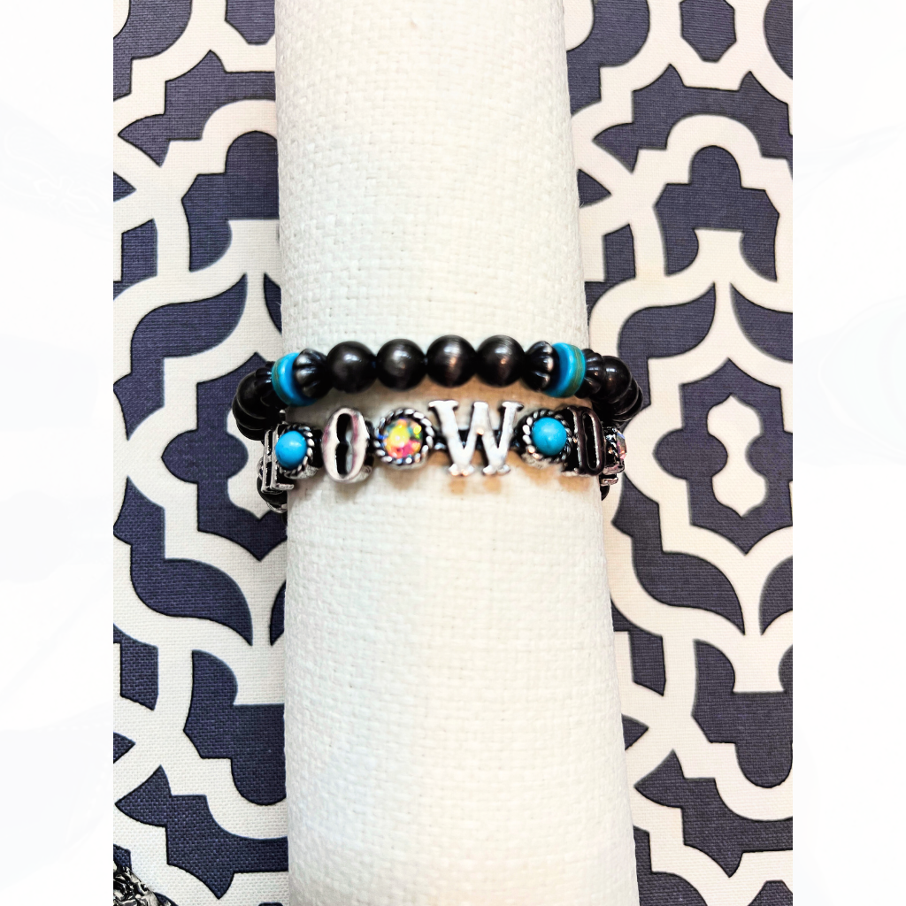 Silver & Turquoise HOWDY Stretch Bracelet Set