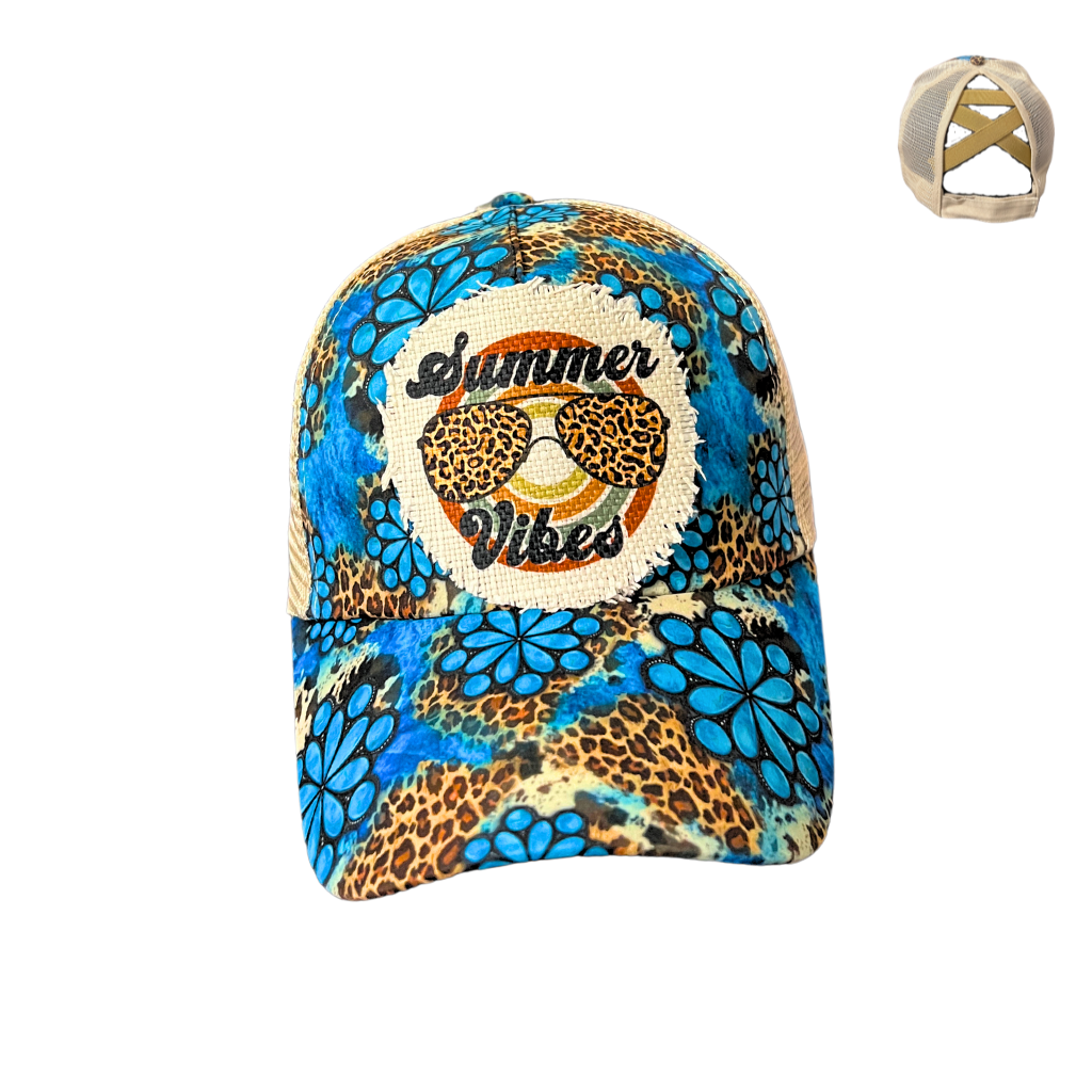 Oh So Cute Turquoise Leo Summer Vibes Hat w/ Criss Cross Tan Mesh Pony Cap
