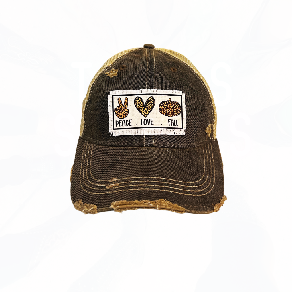 Peace Love Fall Leopard Distressed Trucker Hat - Black