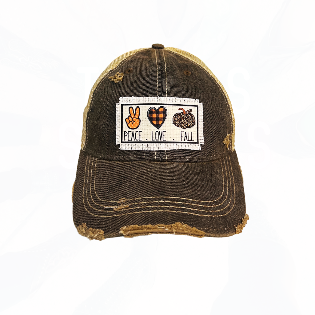 Peace Love Fall Dots Distressed Trucker Hat - Black