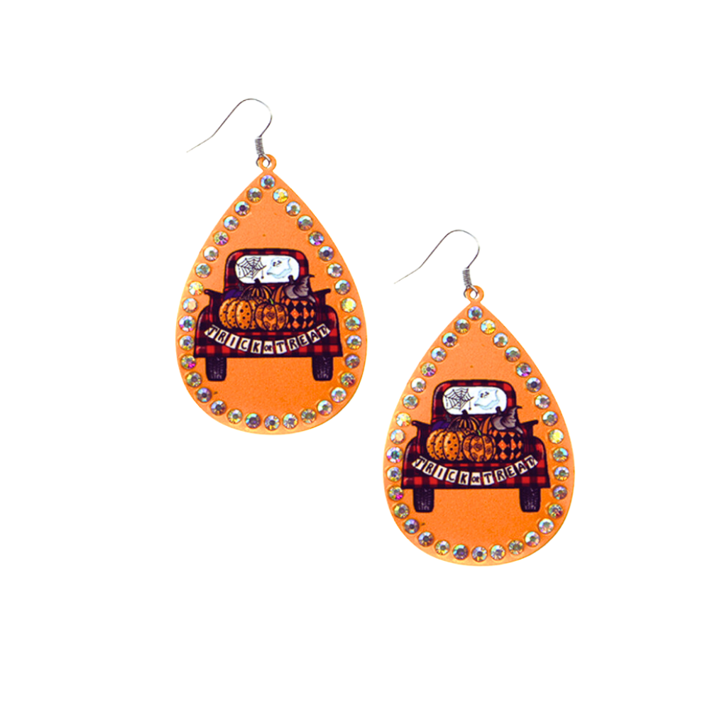 Trick or Treat Pumpkin Truck Teadrop Halloween Earrings