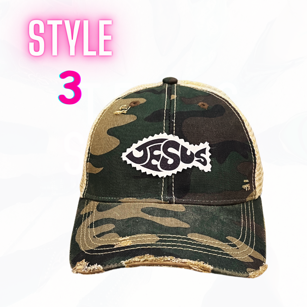 JESUS FISH PATCH HATS- 8 COLORS