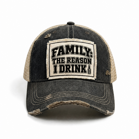 FAMILY: THE REASON I DRINK patch trucker hat (beer version) - Black