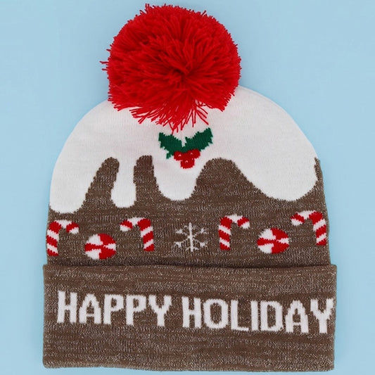 Happy Holiday Christmas Pom Pom Knit Beanie - Taupe