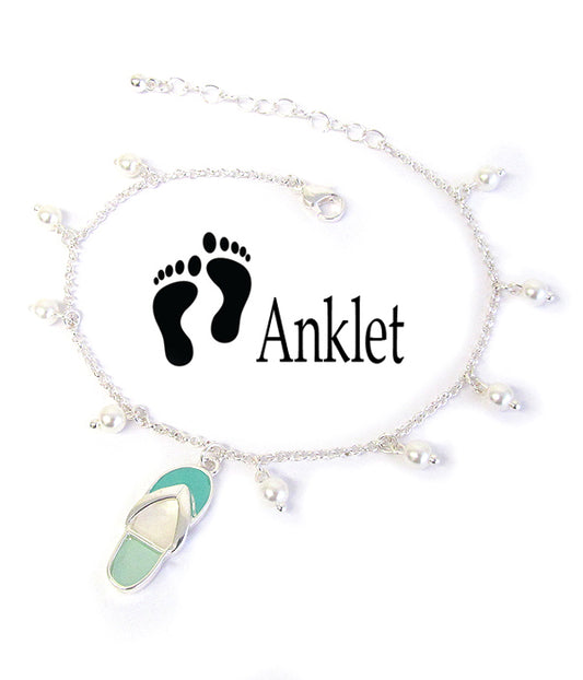 Sea Glass Flip Flop ANKLE BRACELET Silver Drop Beads Anklet