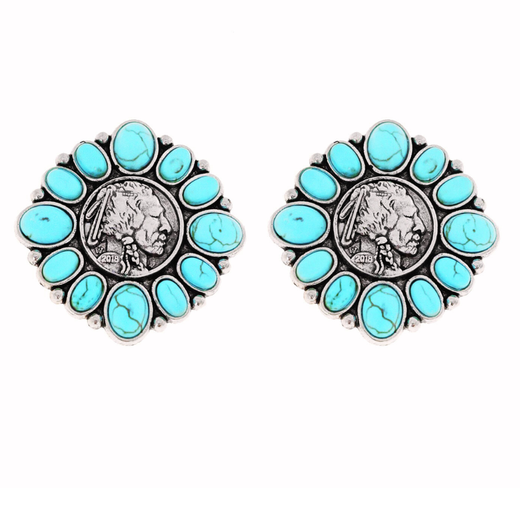WESTERN TURQUOISE SEMI STONE BUFFALO COIN DROP EARRINGS