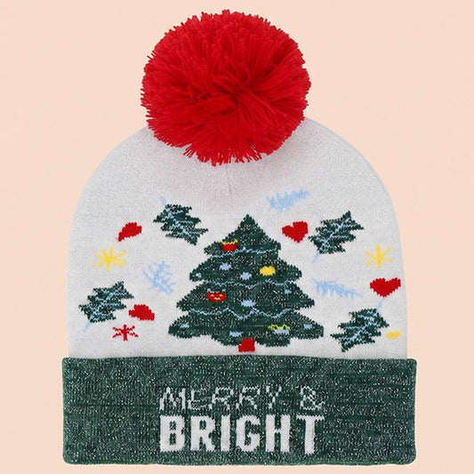 Merry & Bright Christmas Pom Pom Knit Beanie - Green
